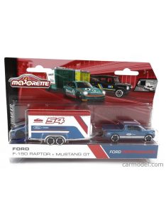   Majorette - Ford Usa Raptor Pick-Up With Trailer Car Transporter + Mustang Team Ford Performance 2021 Blue White Red