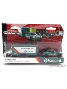   Majorette - Porsche Taycan Turbo S N 5 With Trailer Car Transporter + 911 934 3.0L Turbo Team Vaillant Kremer N 9 Racing 1976 Green White