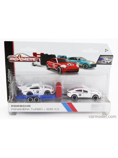 Majorette - Porsche Panamera Turbo N 59 2020 With 935 K3 N 59 Imsa 1979 + Trailer Car Transporter White Red Blue