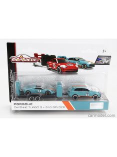   Majorette - Porsche Cayenne Turbo S N 1 2019 With 918 Spyder N 2 Racing + Trailer Car Transporter Light Blue Orange