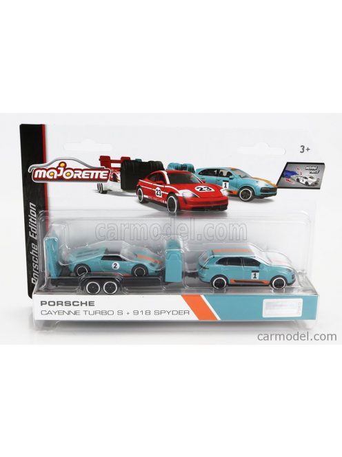 Majorette - Porsche Cayenne Turbo S N 1 2019 With 918 Spyder N 2 Racing + Trailer Car Transporter Light Blue Orange