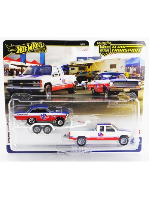 Mattel Hot Wheels - CHEVROLET SILVERADO 3500 PICK-UP WITH TRAILER CAR TRANSPORTER + CHEVROLET NOVA 1963 WHITE RED BLUE