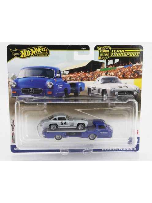 Mattel Hot Wheels - MERCEDES BENZ TRUCK CAR TRANSPORTER WITH 300SL N 54 RACING 1955 BLUE SILVER