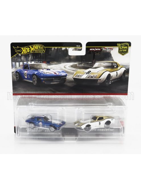 Mattel Hot Wheels - CHEVROLET SET 2X CORVETTE STINGRAY COUPE N 65 RACING + COPO N 6 COUPE 1969 BLUE WHITE GOLD