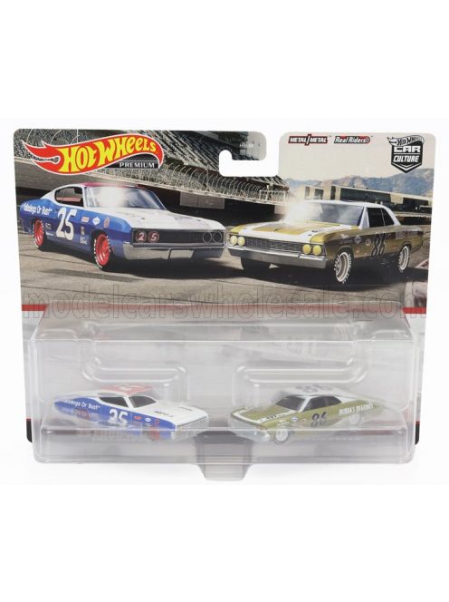 Mattel Hot Wheels - FORD USA SET 2X TORINO TALLADEGA N 25 RACING + CHEVROLET CHEVELLE N 86 RACING 1966 WHITE BLUE GOLD