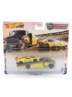   Mattel Hot Wheels - TRUCK RAMP TRUCK CAR TRANSPORTER WITH CHEVROLET CORVETTE C8.R N 3 RACING 2021 YELLOW GREY