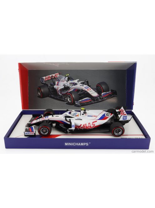 Minichamps - Haas F1 Vf-21 Ferrari 065/6 Team Uralkali N 47 Belgium Gp 2021 Mick Schumacher With Michael Schumacher Retro Helmet Livery White Blue Red