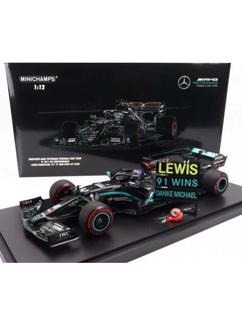 Minichamps - MERCEDES GP F1  W11 EQ PERFORMANCE TEAM AMG PETRONAS MOTORSPORT N 44 WORLD CHAMPION WINNER EIFEL GP (91st WIN) LEWIS HAMILTON 2020 - WITH MICHAEL SCHUMACHER HELMET AND PIT BOARD - CON VETRINA - WITH SHOWCASE BLACK GREEN