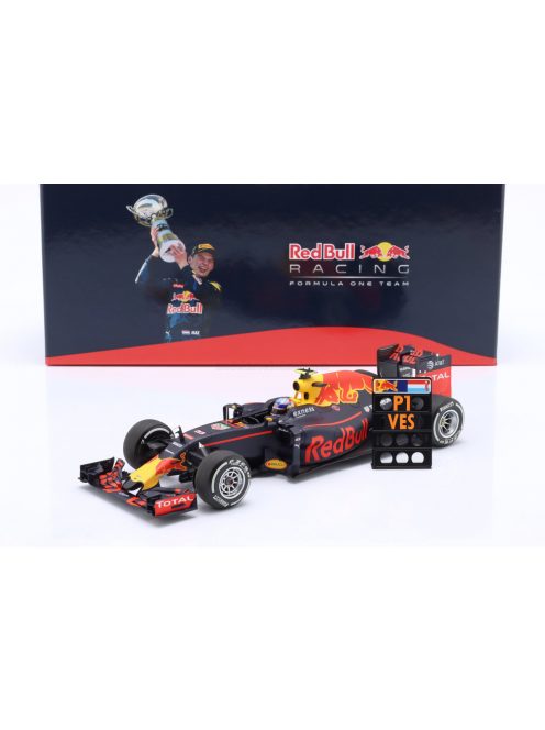 Minichamps - RED BULL F1  RB12 TAG HEUER N 33 WINNER SPANISH GP (FIRST GP WIN) WITH PIT BOARD 2016 MAX VERSTAPPEN MATT BLUE RED YELLOW