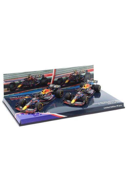 Minichamps - RED BULL SET 2X F1  RB19 TEAM ORACLE RED BULL RACING N 1 WORLD CHAMPION WINNER AUSTIN USA GP 2023 MAX VERSTAPPEN + N 11 4th AUSTIN USA GP 2023 SERGIO PEREZ MATT BLUE YELLOW RED