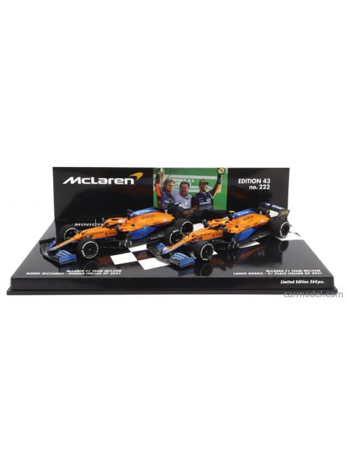 Minichamps - Mclaren F1  Set 2X Coffret Mcl35L Mercedes M12 Eq Power+ Team Mclaren N 3 Winner Italy Gp 2021 Daniel Ricciardo + N 4 2Nd Italy Gp 2021 Lando Norris Orange Light Blue