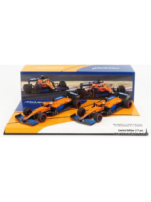 Minichamps - Mclaren F1 Set 2X Mcl35L Mercedes M12 Eq Power+ Team Mclaren N 3 Season 2021 Daniel Ricciardo + N 4 Season 2021 Lando Norris Orange Light Blue