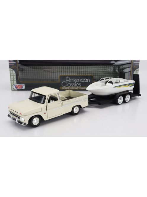 Motor-Max - CHEVROLET C-10 FLEETSIDE PICK-UP WITH TRAILER + BOAT 1966 CREAM WHITE