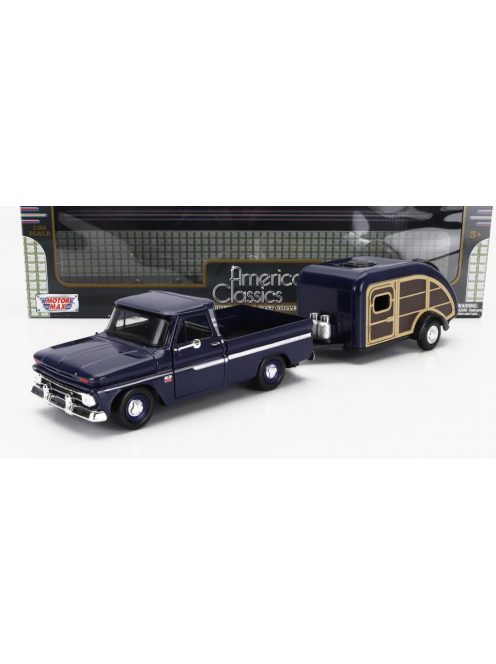 Motor-Max - CHEVROLET C-10 FLEETSIDE PICK-UP WITH TRAILER ROULOTTE 1966 BLUE WOOD