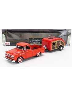   Motor-Max - CHEVROLET APACHE PICK-UP WITH TRAILER ROULOTTE 1958 DARK ORANGE