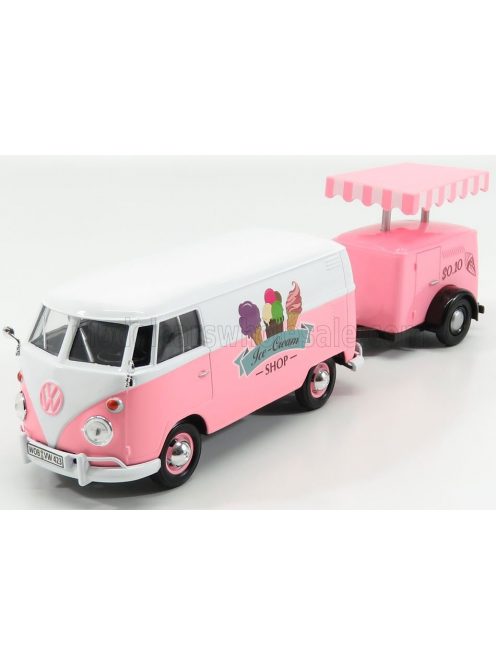 Motor-Max - VOLKSWAGEN T1 TYPE 2 VAN ICE CREAM WITH TRAILER 1962 WHITE PINK