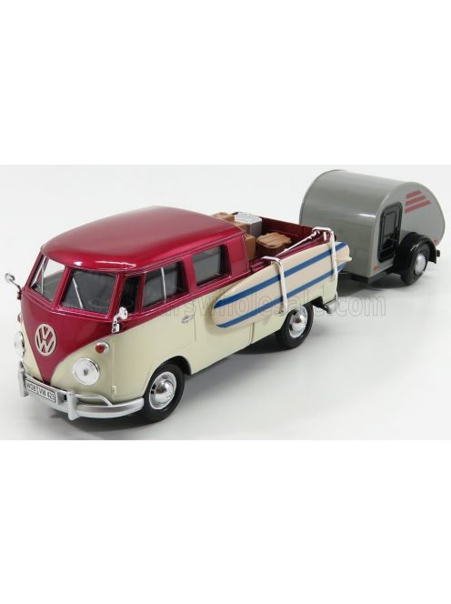 Motor-Max - VOLKSWAGEN T1 TYPE 2 DOUBLE CABINE WITH TRAILER 1962 RED CREAM