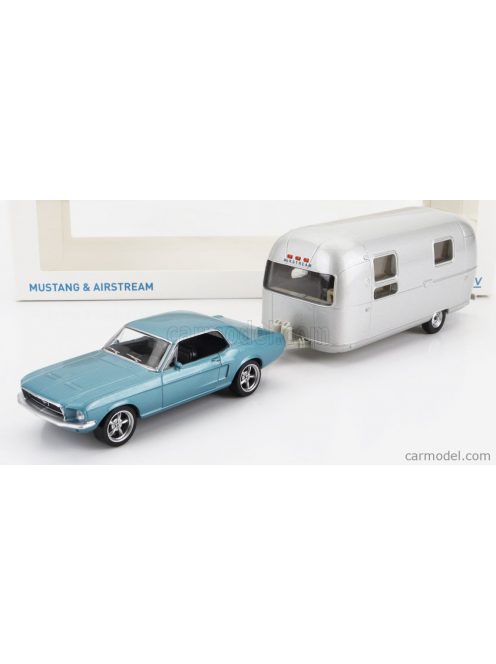 Norev - Ford Usa Mustang Coupe 1968 With Airstream Caravan Roulotte Light Blue Met