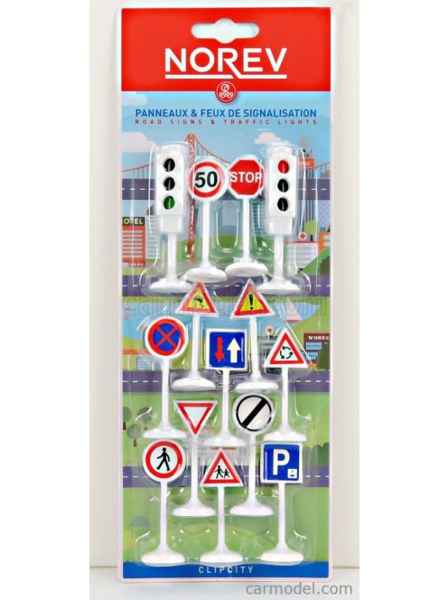 Norev - Accessories Segnali Stradali + Semaforo Rosso E Verde - Traffic Signs Cm. 5.5 - Green And Red Traffic-Lights Cm. 6.8 White