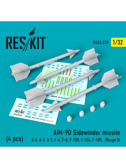 Reskit - AIM-9D Sidewinder missiles (4 pcs) (A-4, A-6, A-7, F-4, F-8, F-100, F-104, F-105, Mirage III) (1/32)