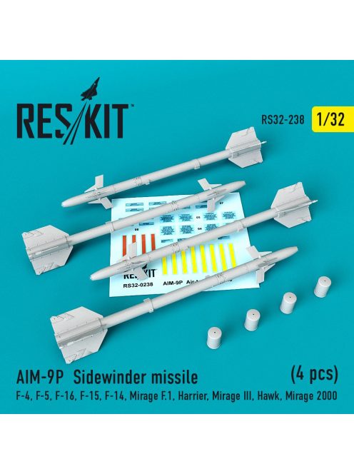 Reskit - AIM-9P  Sidewinder missiles (4 pcs) (F-4, F-5, F-16, F-15, F-14, Mirage F.1, Harrier, Mirage III, Ha