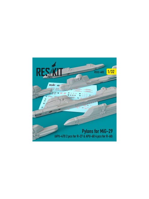 Reskit - Pylons for MiG-29 (APU-470 2 pcs for R-27 & APU-60 4 pcs for R-60) (1/32)