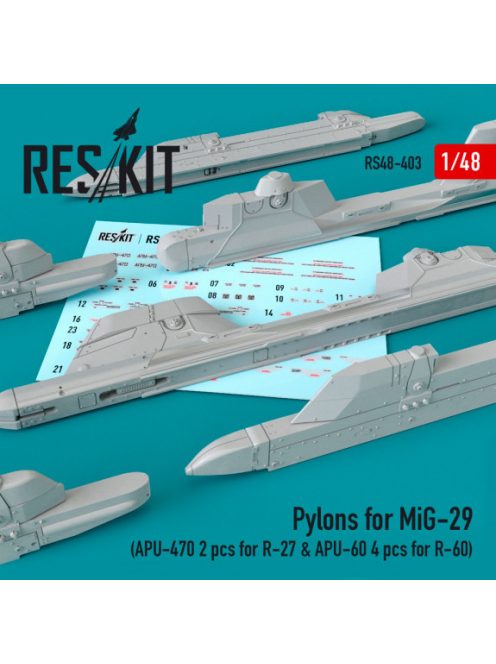 Reskit - Pylons for MiG-29 (APU-470 2 pcs for R-27 & APU-60 4 pcs for R-60) (1/48)