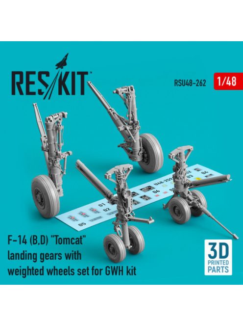 Reskit - F-14 (B,D) "Tomcat" landing gears with weighted wheels set for GWH kit (Resin & 3D Printed) (1/48)