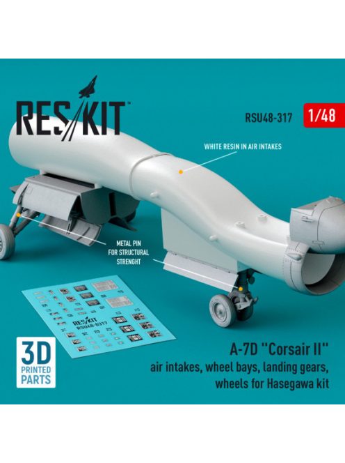 Reskit - A-7D "Corsair II" air intakes, wheel bays, landing gears, wheels for Hasegawa kit (3D Printed) (1/48