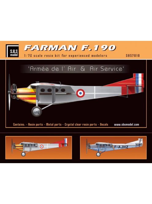 SBS Model - 1/72 Farman F.190 'Armée de l'Air & Air Service' - Resin+PE+decal - Full resin kit