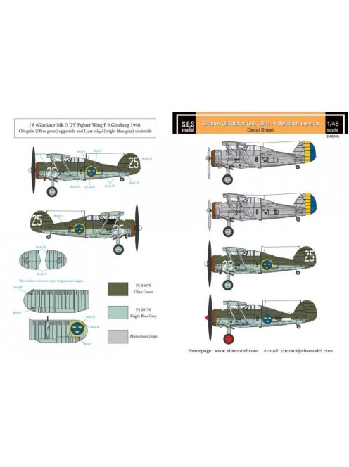 SBS Model - 1/48 Gloster Gladiator in Swedish service VOL.I - Decals for Roden/Merit