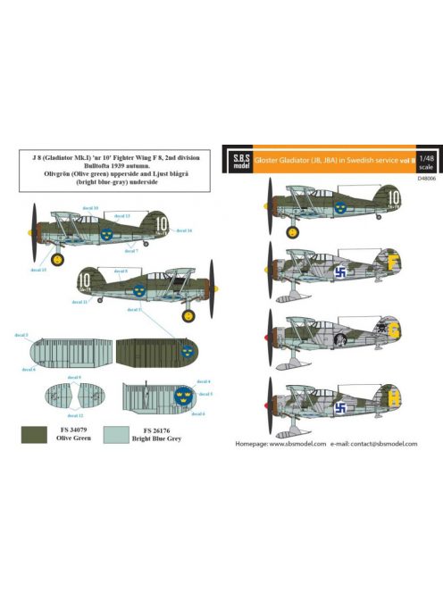 SBS Model - 1/48 Gloster Gladiator in Swedish service VOL.II - Decals for Roden/Merit