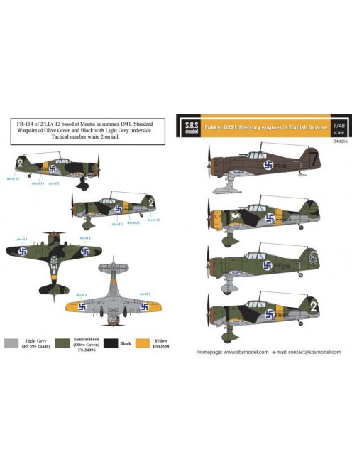 SBS Model - 1/48 Fokker D.XXI (Mercury engine) Finnish Air Force WW II - Decals for Classic Airframes/SH