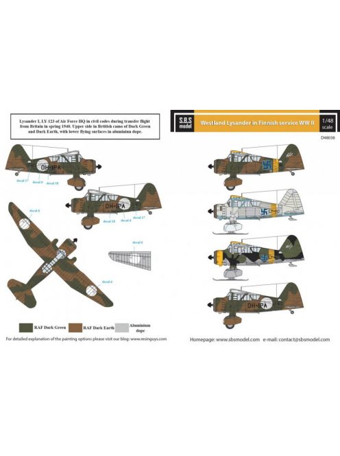 SBS Model - 1/48 Westland Lysander in Finnish Service WW II Decals for Eduard/Gavia