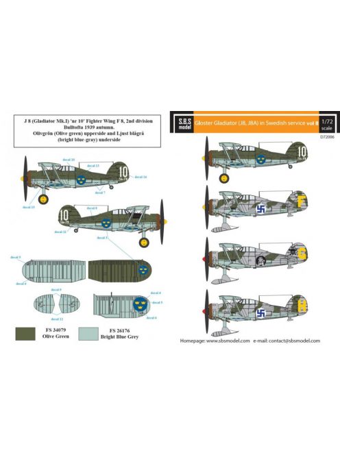 SBS Model - 1/72 Gloster Gladiator in Swedish service VOL.II - Decals for Airfix