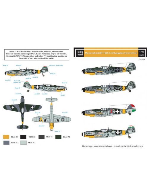 SBS Model - 1/72 Messerschmitt Bf-109G-6 Hungarian Air Force WW II VOL.II - Decals 