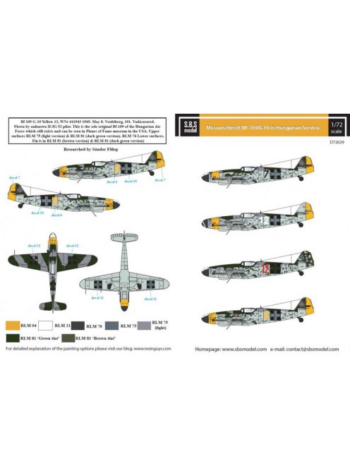 SBS Model - 1/72 Messerschmitt Bf-109 G-10 Hungarian Air Force - Decals for Any