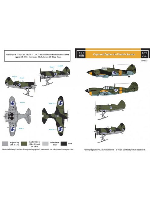 SBS Model - 1/72 Captured Fighters in Finnish Service (P-40, Hurricane IIA, I-16) - Decals 