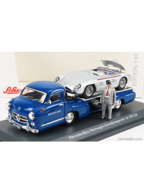 Schuco - Mercedes Benz Racing Car Transporter Truck Rennwagen 1955 With 300 Slr Spider Blue Silver