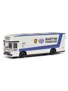   Schuco - MERCEDES BENZ O317 TRUCK CAR TRANSPORTER PORSCHE MARTINI RACING 1968 WHITE BLUE