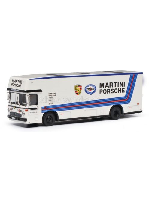 Schuco - MERCEDES BENZ O317 TRUCK CAR TRANSPORTER PORSCHE MARTINI RACING 1968 WHITE BLUE