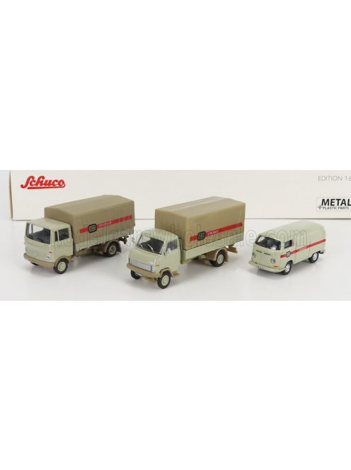 Schuco - VOLKSWAGEN SET 3X STUCKGUT T2 VAN - HANOMAG F55 TRUCK - MERCEDES BENZ LP608 TRUCK GREY BEIGE