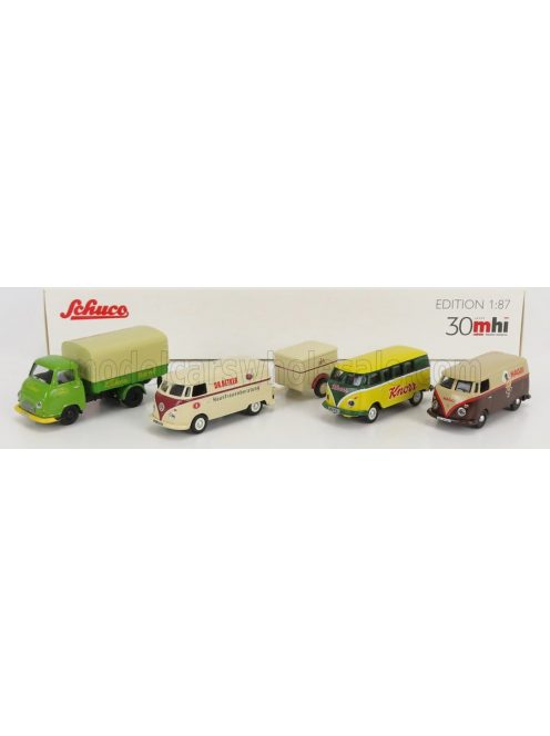 Schuco - VOLKSWAGEN SET 4X PUBLICITAIRE T1 MINIBUS KNORR - T1 VAN MAGGI - T1 VAN WITH TRAILER DR.OETKER - HANOMAG TRUCK KUHNE VARIOUS