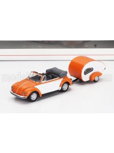   Schuco - VOLKSWAGEN BEETLE CABRIOLET WITH CARAVAN TRAILER 1960 ORANGE WHITE