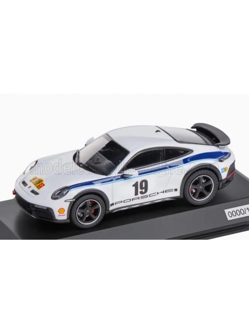 Spark - PORSCHE 911 992 COUPE N 19 RALLY DAKAR DESIGN 2022 - CON VETRINA - WITH SHOWCASE WHITE BLUE