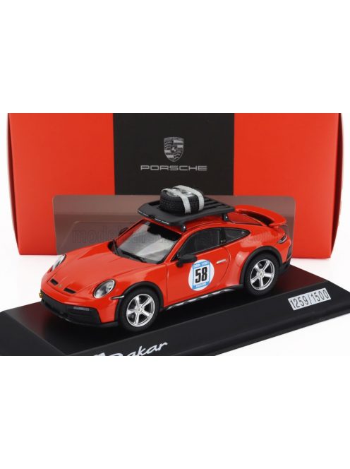 Spark - PORSCHE 911 992 N 58 RALLY DAKAR RED58 SPECIAL WITH PACK ROOF 2023 BLOOD ORANGE