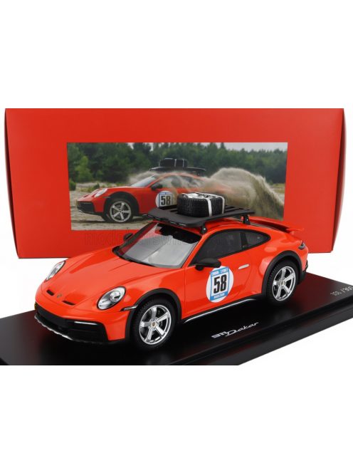 Spark - PORSCHE 911 992 N 58 RALLY DAKAR RED58 SPECIAL WITH PACK ROOF 2023 - CON VETRINA - WITH SHOWCASE BLOOD ORANGE