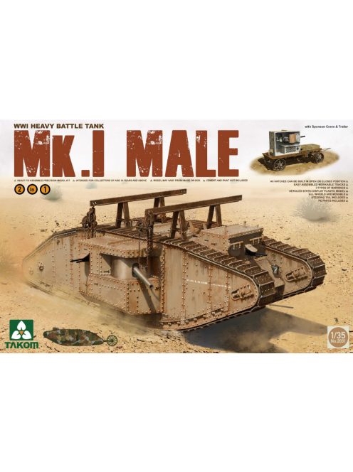 Takom - WWI Heavy Battle Tank Mk.I Male 2 in 1 (with crane and flat trailer)