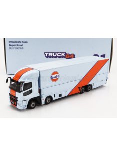   Tarmac - MITSUBISHI FUSO TRUCK CAR TRANSPORTER GULF RACING LIVERY 4-ASSI 2023 - CARS NOT INCLUDED LIGHT BLUE ORANGE